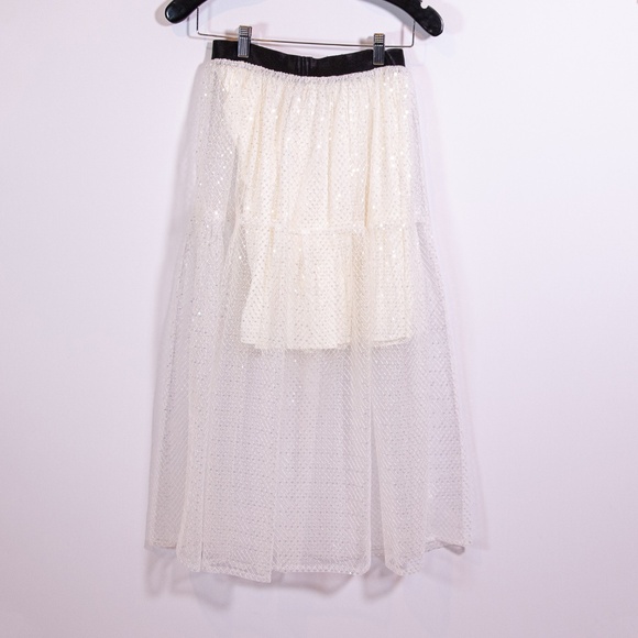NEW Maje Jiris Sequin Embellished Tulle Mesh Pull On Midi Skirt In White Black - Picture 4 of 4